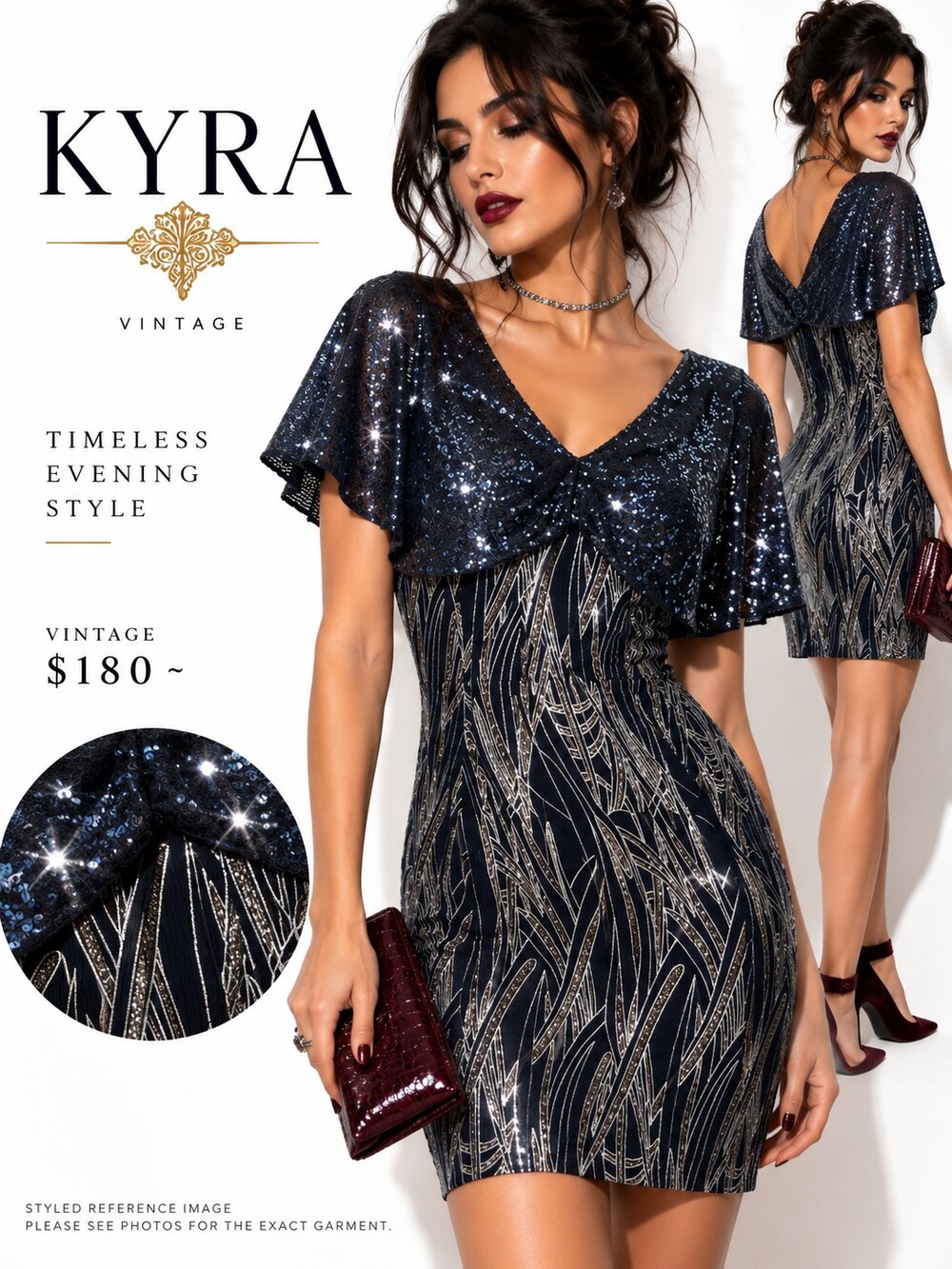 Vintage KYRA Navy Silver Sequin Cocktail Dress Art Deco Whimsigoth Glam NWOT🖤